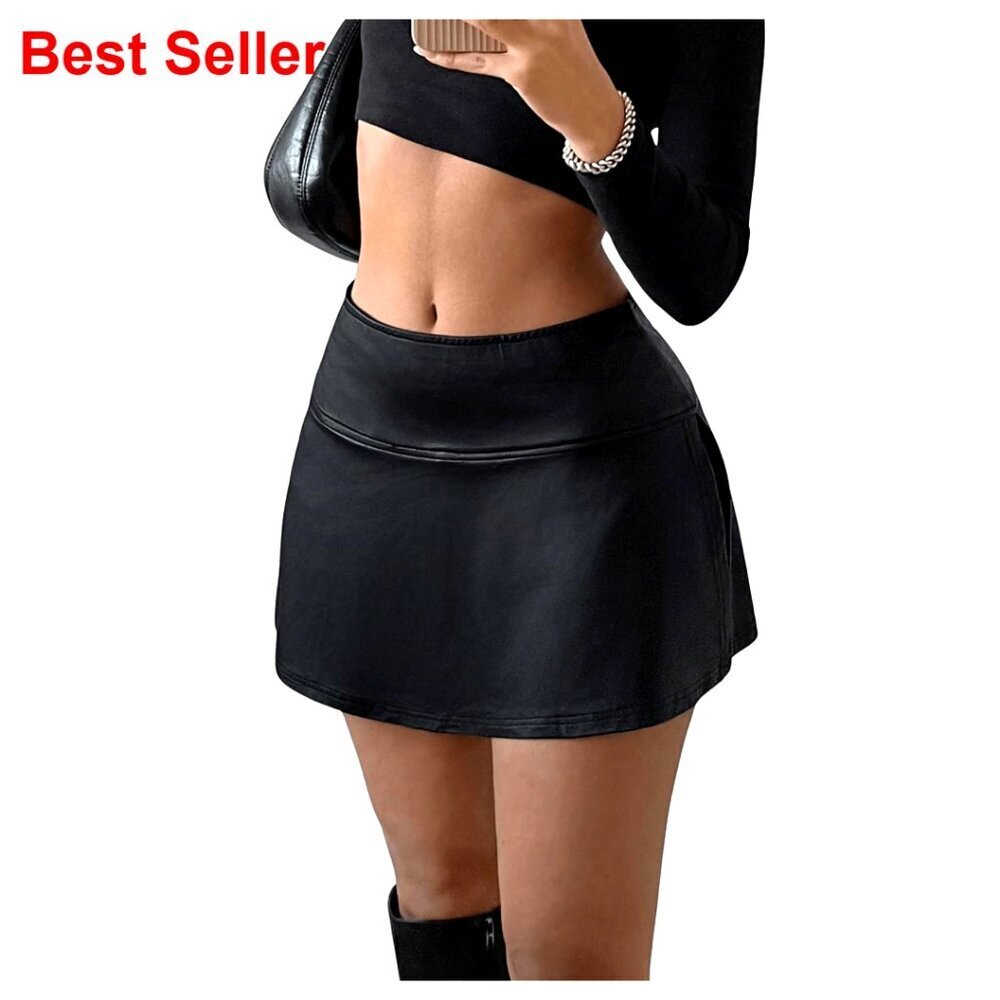 PU Leather Skorts with Elastic Waist Split Side Low Rise